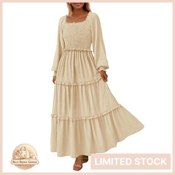 Long Sleeve Swiss Dot Smocked Maxi Dress Elegant Flowy Wedding Guest